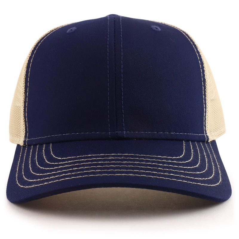 Armycrew Oversize XXL Low Profile Two Tone Mesh Back Trucker Baseball Cap - Navy Khaki - 2XL - Image 2